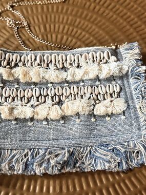 Lulu's Light Blue Woven Shell Fringe Crossbody Gold crossbody chain